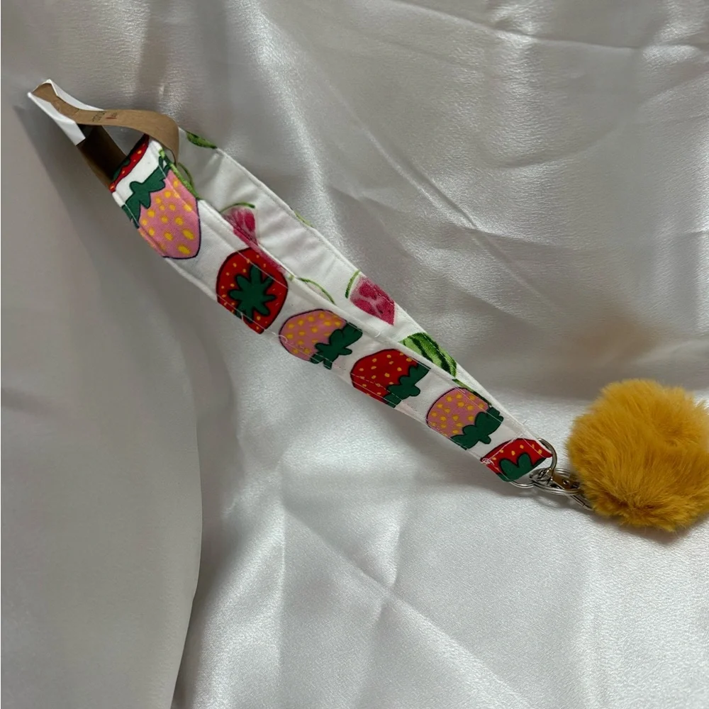 Handmade Strawberry and Watermelon Print Wristlet Keychain with Yellow Pompom
